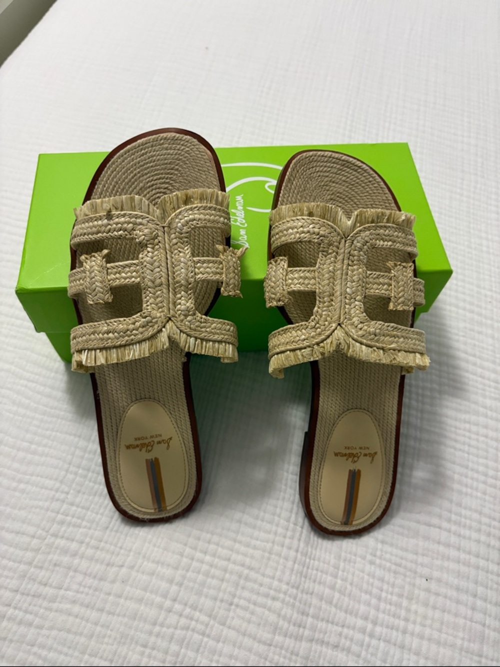 Sam Edelman Raffia Fringe Slide Sandals in Natural Tan